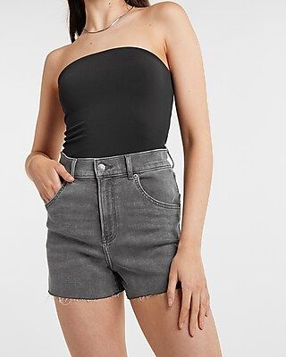 Super High Waisted Knit Black Raw Hem Mom Jean Shorts | Express