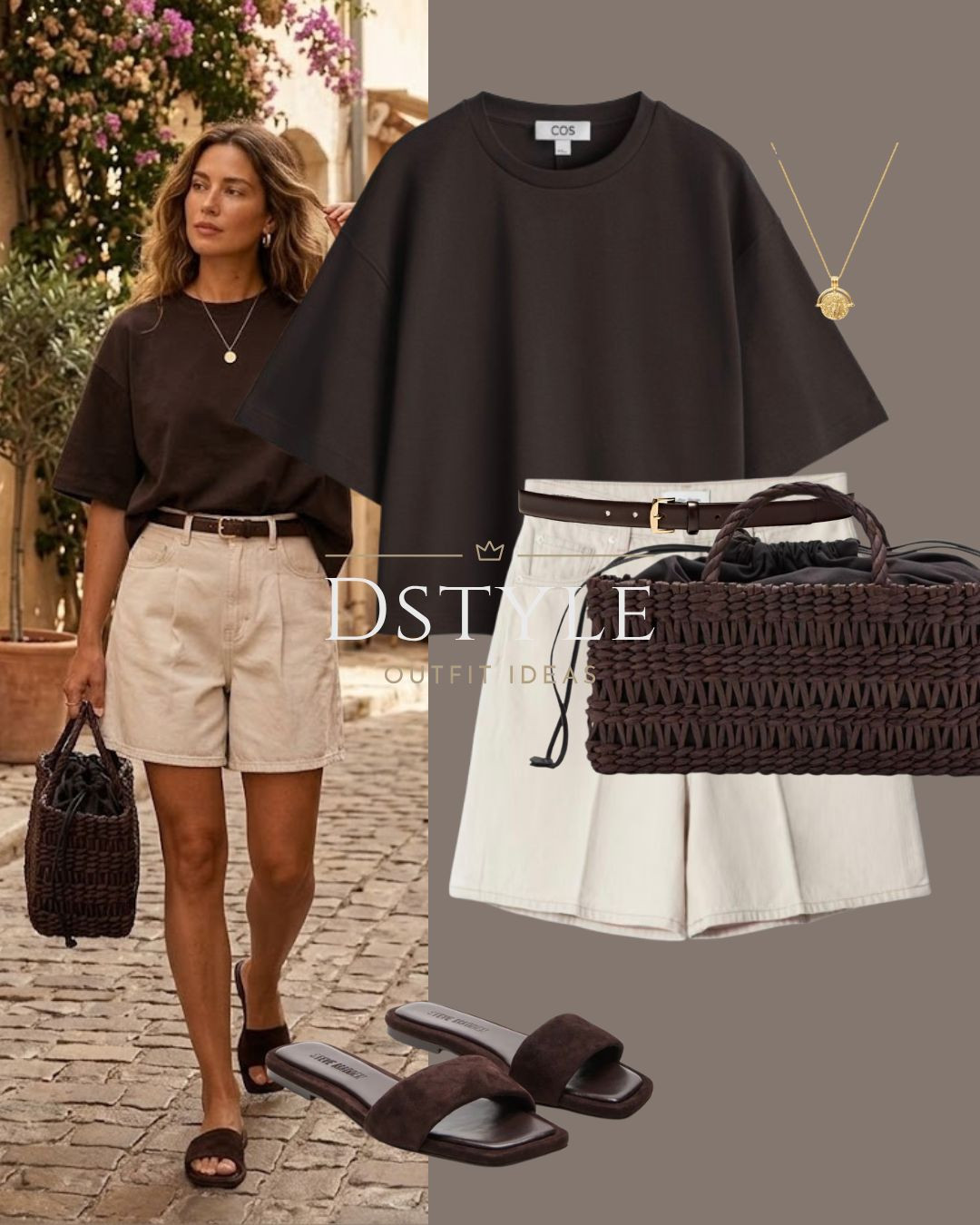 Chic and relaxed ☕️ Elevating a basic oversized chocolate brown t-shirt by tucking it into high-waisted cream pleated denim shorts. Tied together with a slim dark brown leather belt, a woven leather bucket bag, and matching brown slide sandals. Perfect for running errands in style.

#OversizedTee #SummerShorts #WovenBag #StreetStyle #LTKcasual

#LTKootd