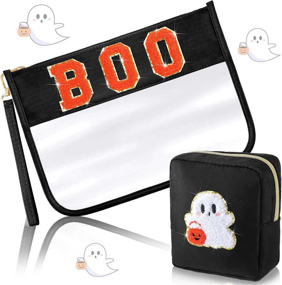 Hillban 2 Pcs Halloween Gifts Chenille Letter Bags Boo Patch Makeup Bag Spooky Pumpkin Flat Clear... | Amazon (US)