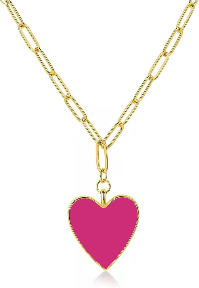 Preppy Necklace for Women, Forever Love Heart Enamel Pendant Paperclip Necklace 18K Gold Plated J... | Amazon (US)