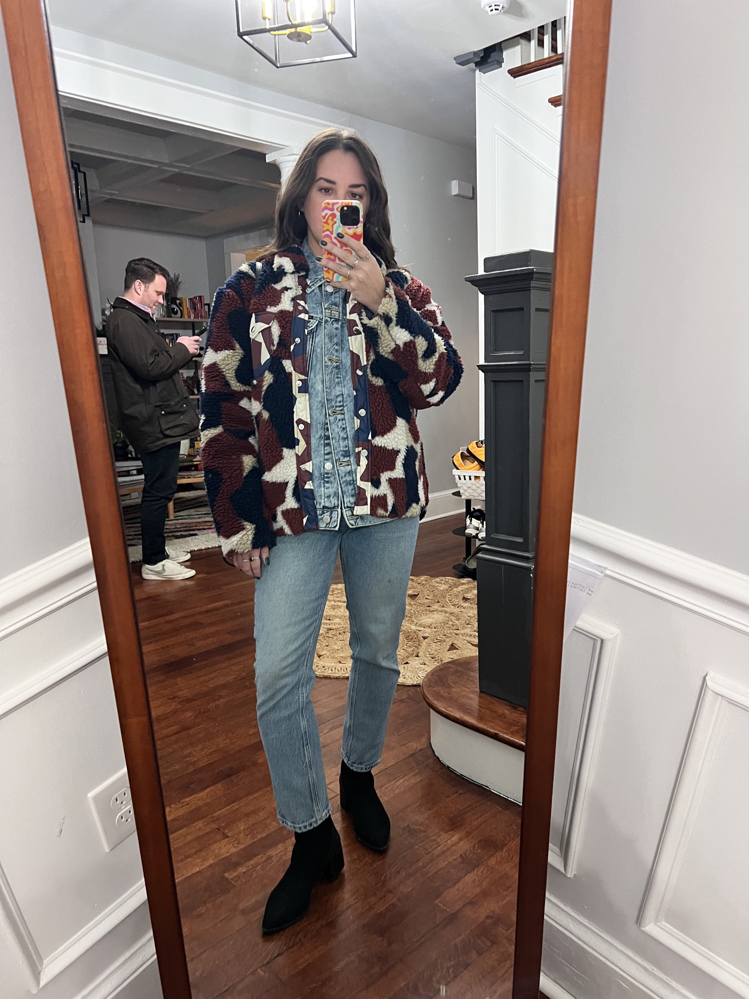 candaian tuxedo. rag and bone. pringted jacket. fleece. layered. denim on denim. casual outfit. winter outfit.  

 #LTKootd #LTKSeasonal #LTKFindsUnder100