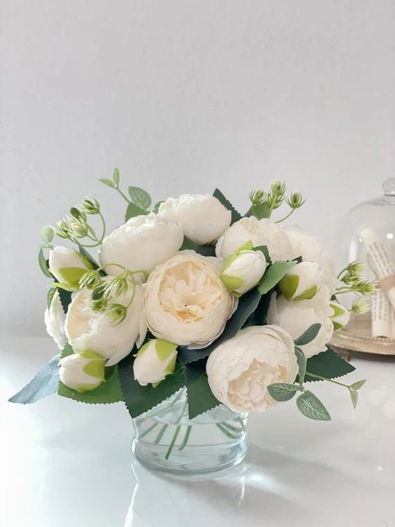 White Rose Peony Arrangement-silk Peonies in Glass Vase-peony | Etsy | Etsy (US)