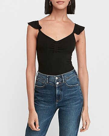 Ribbed Ruffle Sleeve Cinched Thong Bodysuit | Express