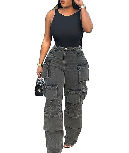 LKOUS Women's Y2K Baggy Straight Wide Leg Cargo Jeans, Streetwear High Waisted Denim Pant Grey | Amazon (US)