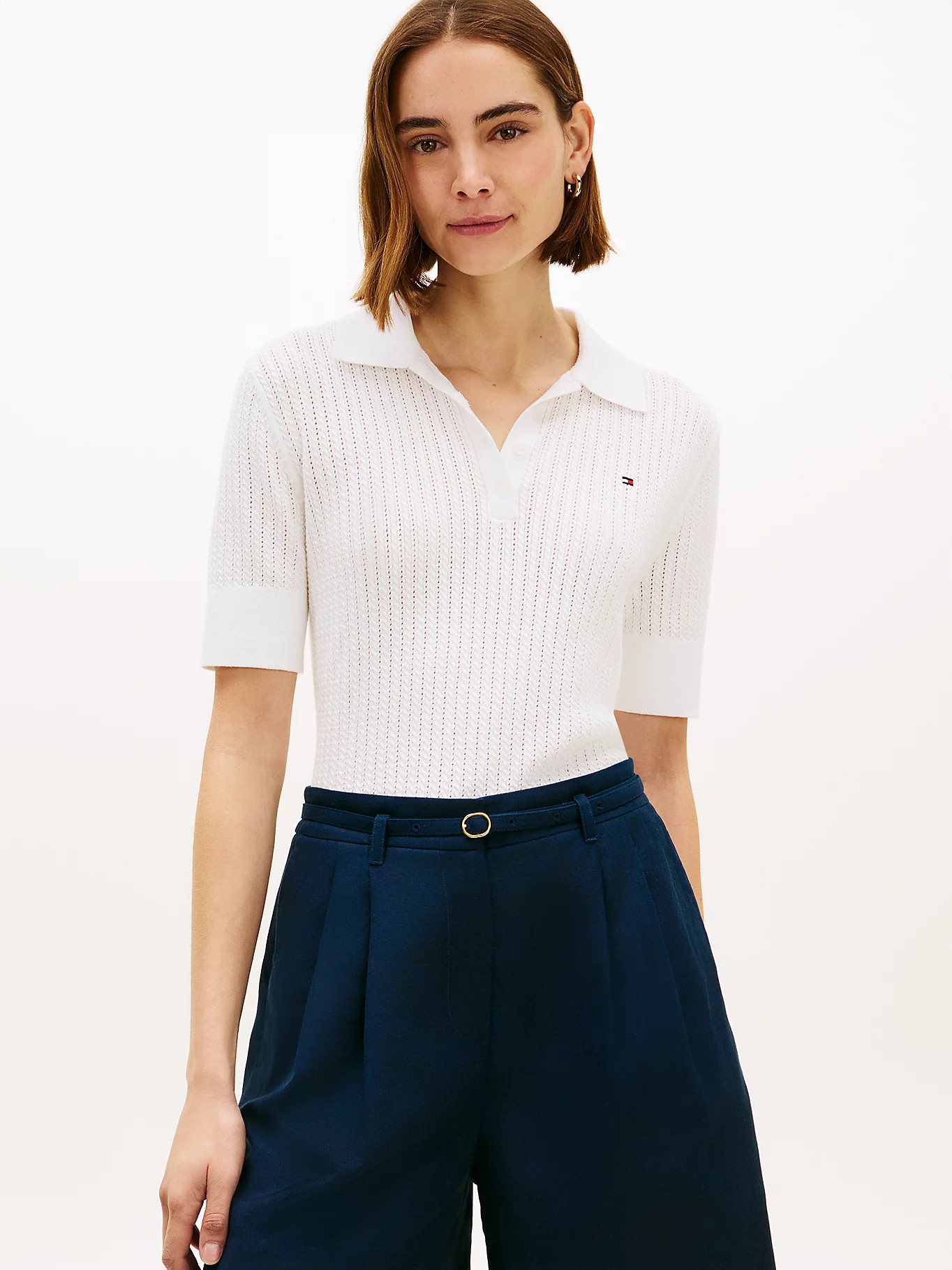 Pointelle Short Sleeve Polo Jumper | White | Tommy Hilfiger | Tommy Hilfiger UK