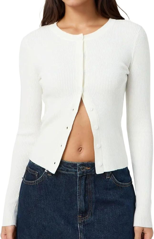 Cioatin Women Long Sleeve Button Up Ribbed Knit Crop Cardigan Y2K Slim Fit Round Neck Sweater Tsh... | Amazon (US)