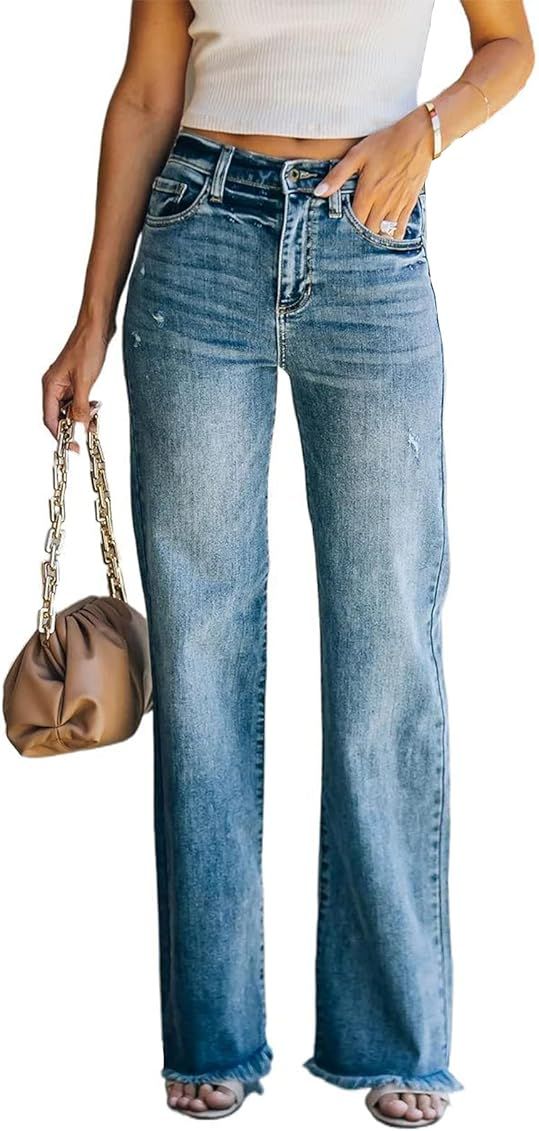 HDLTE Women Ripped Boyfriends Jeans Distressed High Waist Baggy Denim Pants Wide Leg Straight Trouse | Amazon (US)