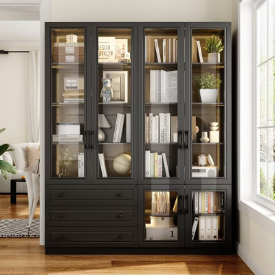 FUFU&GAGA Black Bookcase with Glass Doors: Multi - color Lighting & Ample Storage Space Closet Organizer Glass Display Cabinet | Target
