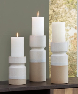 Hurston Candle Holder (Set of 3), Ivory/Brown | Ashley Homestore