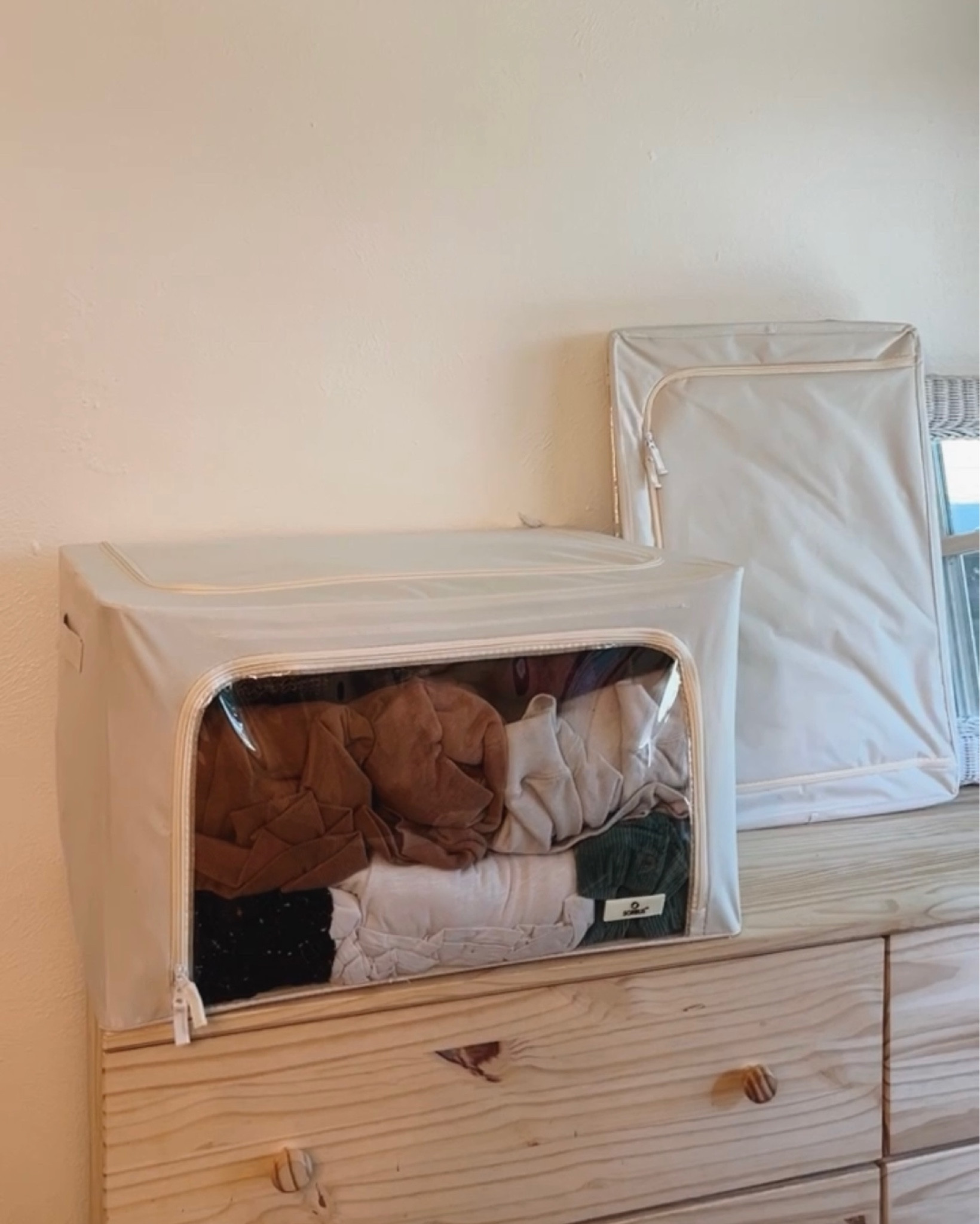 clothes storage • i love these storage bags/bins! so much better than totes. i ended up only needing one but they come in a 2 pack. i fit probably 15 sweaters and jackets in here, and there’s still a little room left. love that it opens in top and in front, with the clear window. it has a metal frame to hold the shape  

#LTKhome #LTKFind