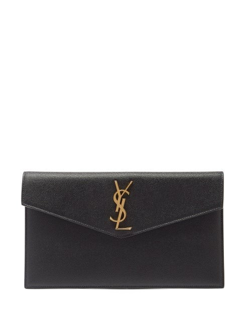 Saint Laurent - Uptown Ysl-plaque Grained-leather Clutch Bag - Womens - Black | Matches (US)