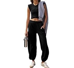 Glamaker Women's Two Piece Athletic Sets Casual Workout Sleeveless Cropped Tops High Sweatpants J... | Amazon (US)