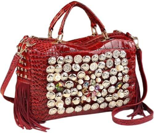 Fashion Rhinestone Bag for Women Leather Top-Handle Satchel Handabgs Large Capacity Tassel Tote B... | Amazon (US)