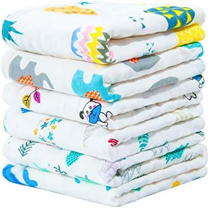 NTBAY 6 Pack Baby Muslin Washcloths, 6 Layers Natural Cotton Newborn Baby Face Towel with Animals Pr | Amazon (US)