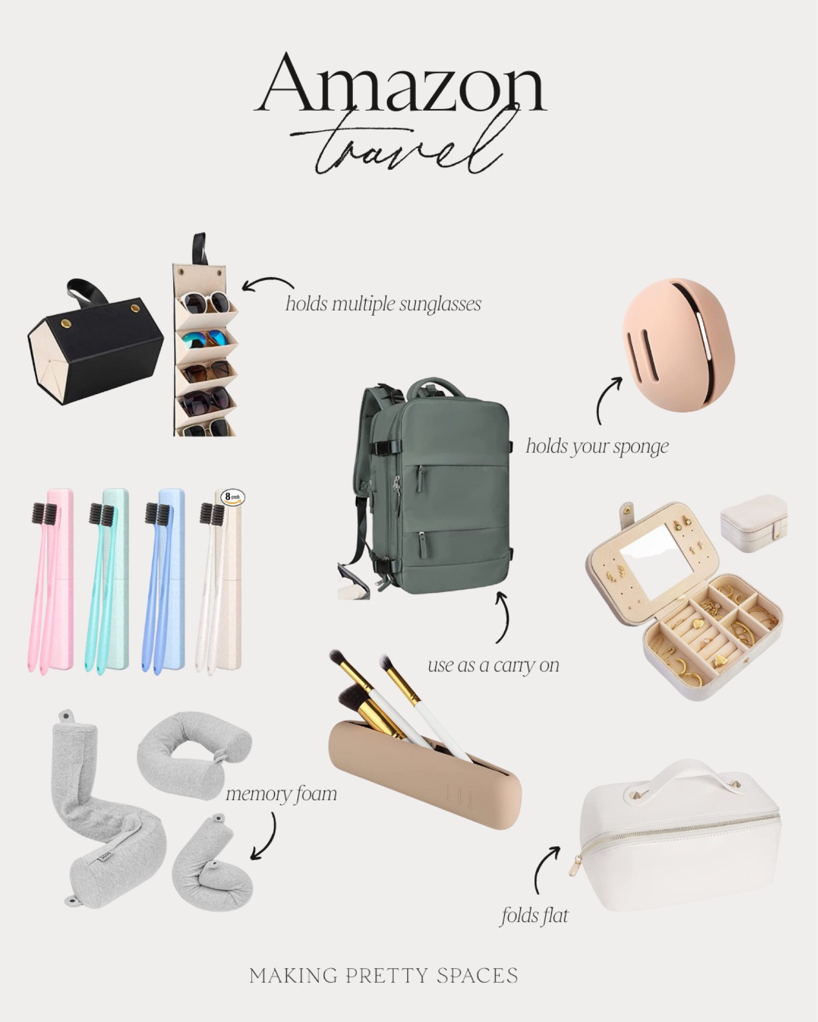 Shop my top picks for amazon travel! 
Sponge holder, sunglass holder, neck pillow, backpack, travel, makeup bag, brush holder, toothbrush holder

#LTKfamily #LTKtravel #LTKeurope