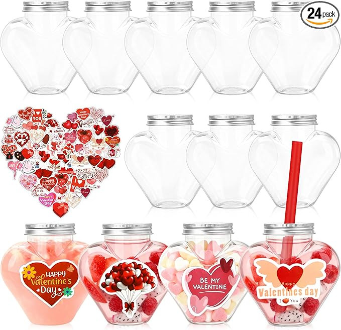 24 Pcs Valentine's Day Heart Shaped Plastic Bottles 10 oz Reusable Clear Cups with Lids Straws an... | Amazon (US)