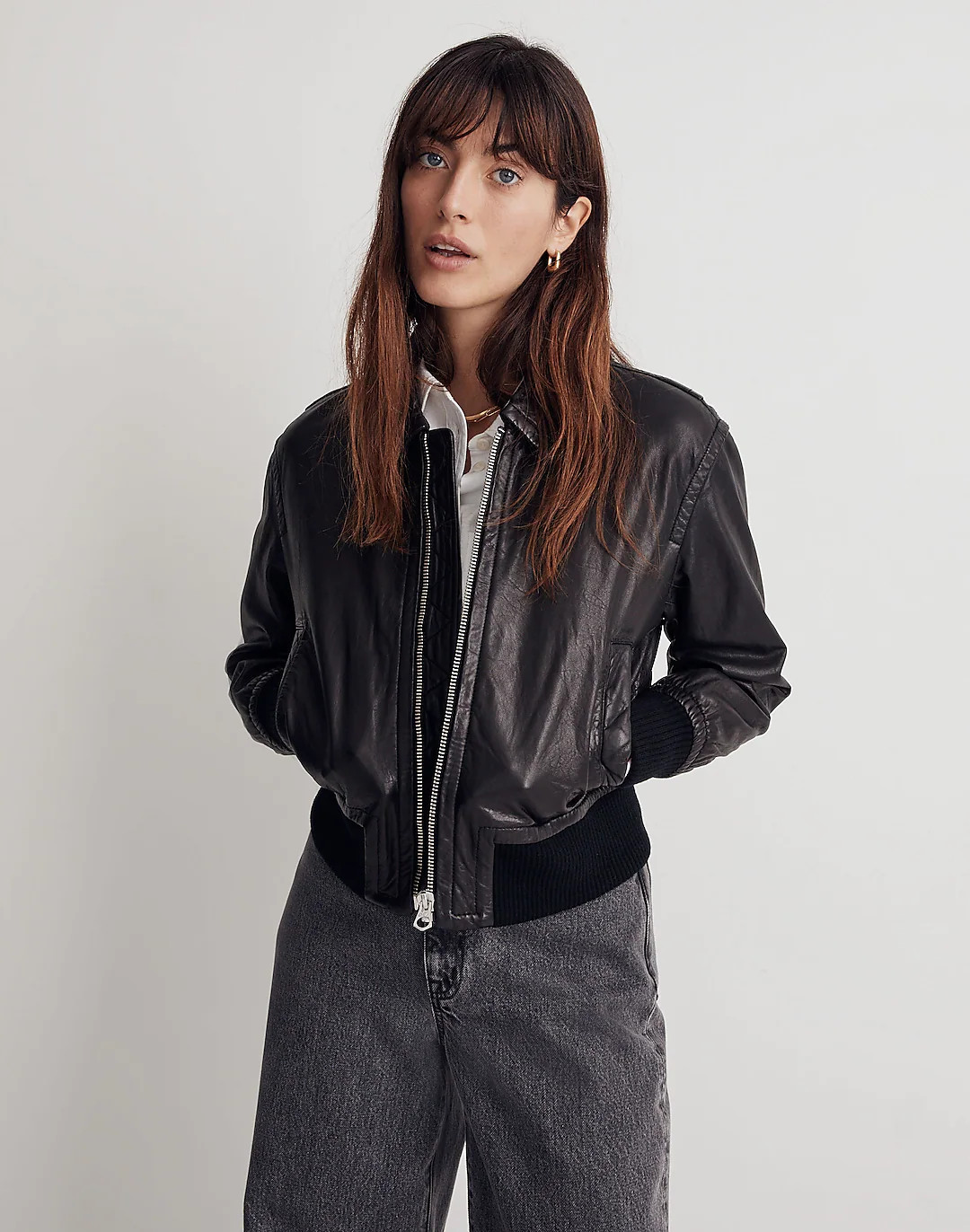 Washed Leather Crop Bomber Jacket | Madewell