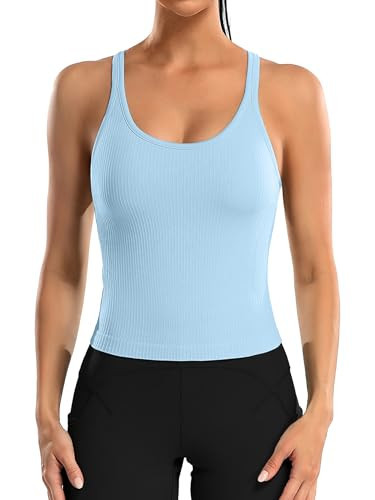 ATTRACO Women Yoga Racerback Tank Tops with Built in Bra Tight Fit Ribbed Crop Top Blue S | Amazon (US)