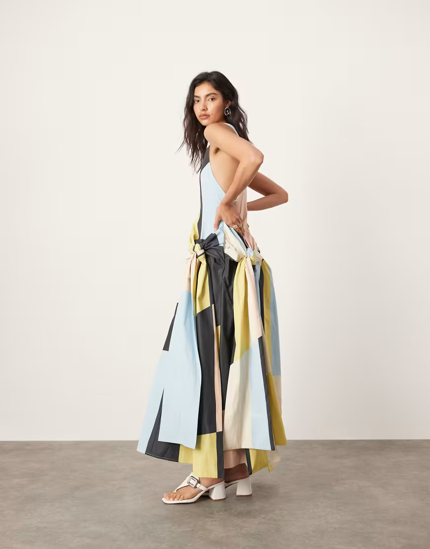ASOS EDITION racer neck drop waist maxi dress with knot detail skirt in geometric print-Multi | ASOS (Global)