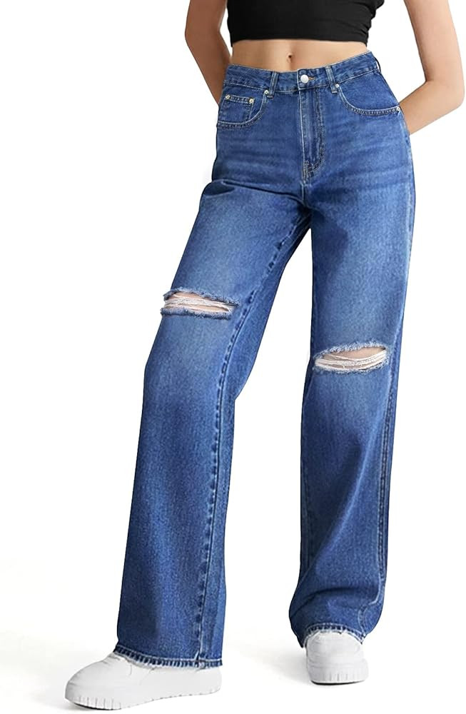 Genleck Women Loose Ripped Boyfriends Jeans High Waist Baggy Denim Pants Distressed Wide Leg Jean... | Amazon (US)