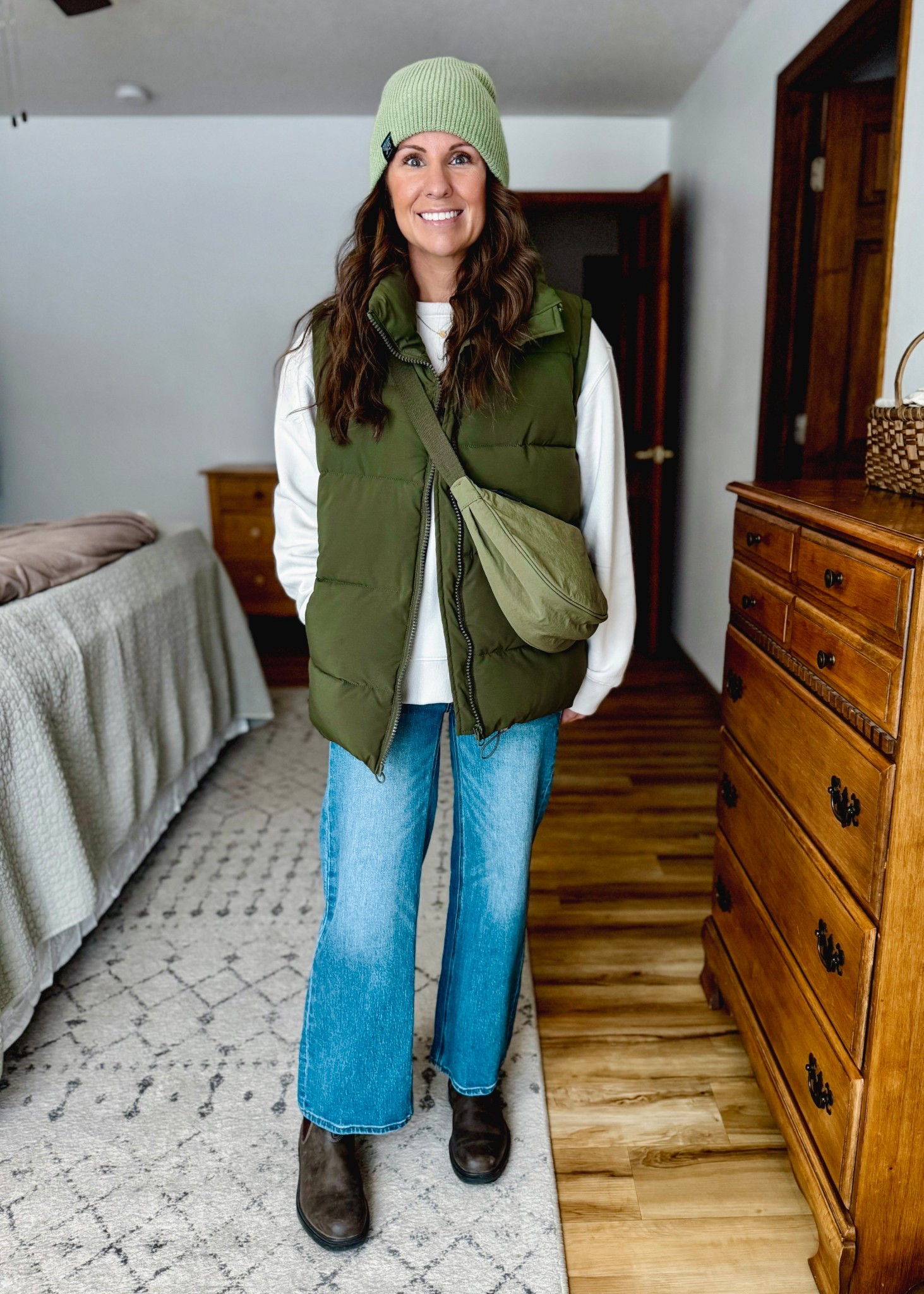 Wearing size small in my tee, xs in my crenweck (also own in burgundy and grey), small in my green puffer vest, 24 in the 26” inseam in my jeans, and my true size 6 in my blundstone boots. 
My hat isn’t available anymore, so l linked some similar ones. 
