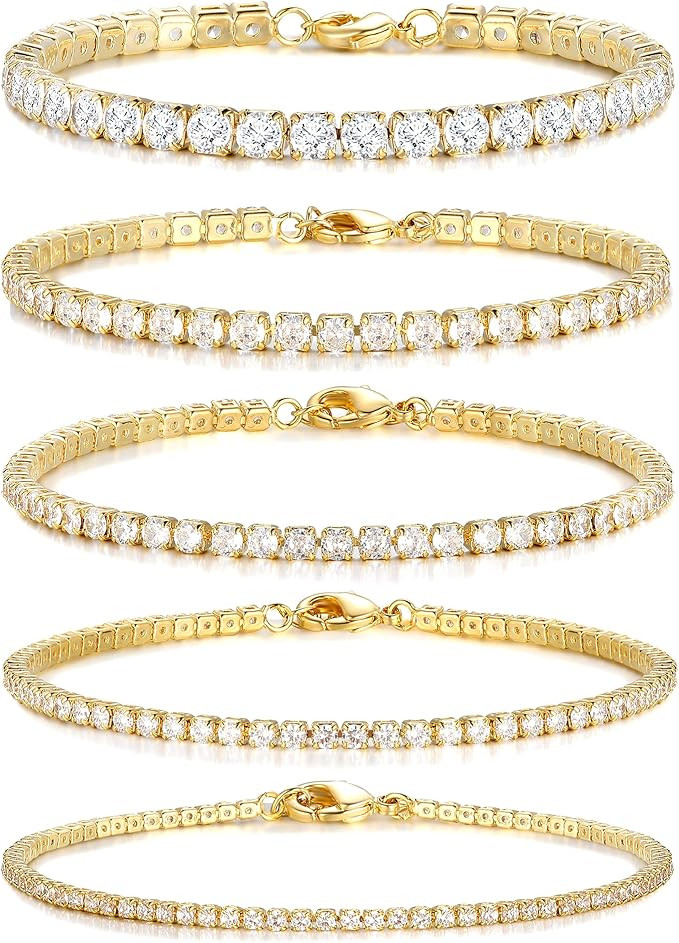5 PCS Gold Tennis Bracelets for Women Teen Girls, 14K Gold Plated Adjustable Cubic Zirconia Charm... | Amazon (US)