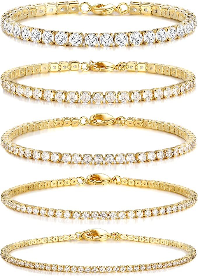5 PCS Gold Tennis Bracelets for Women Teen Girls, 14K Gold Plated Adjustable Cubic Zirconia Charm... | Amazon (US)