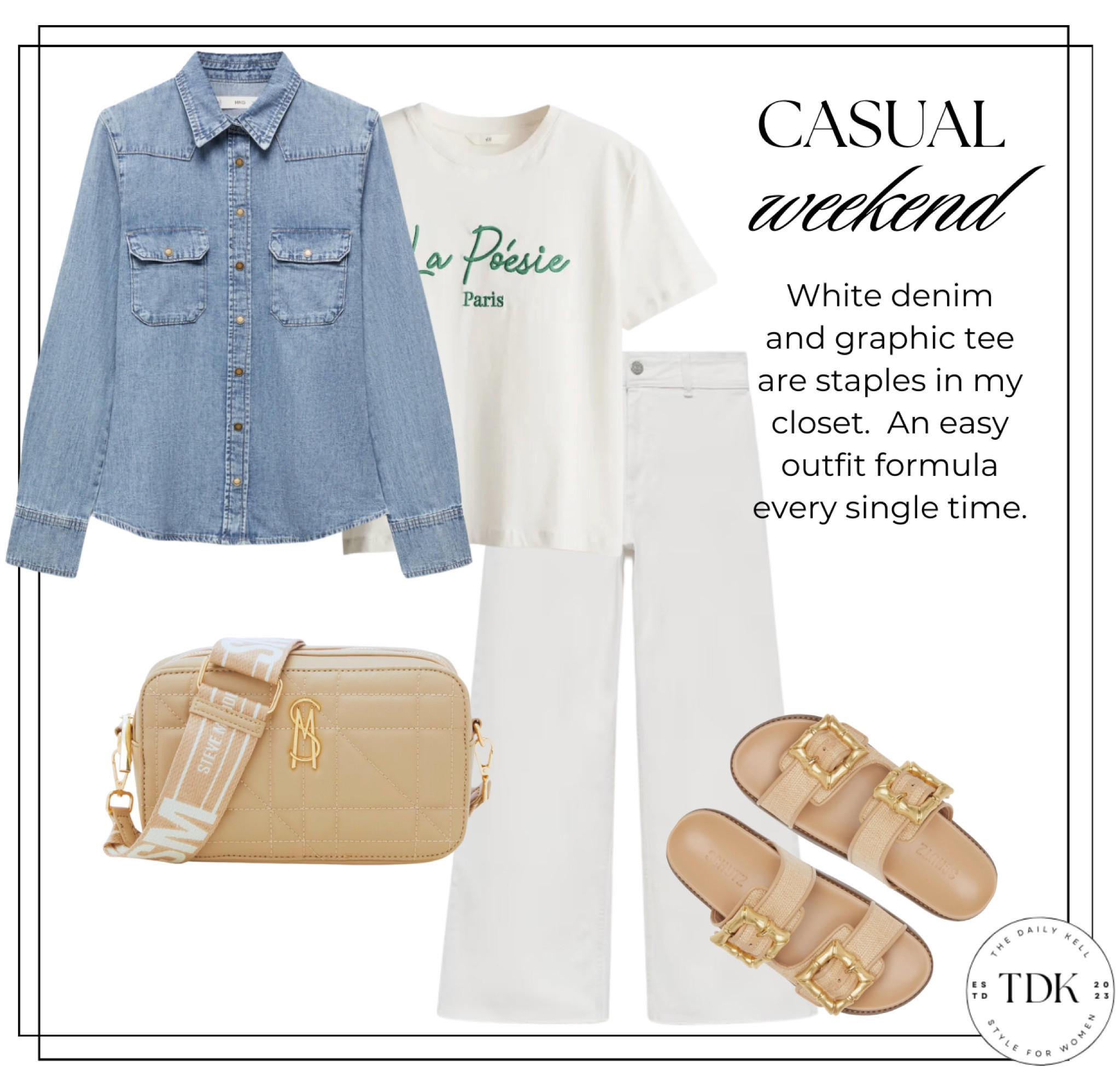 Out for a weekend fun?

Keep it casual yet stylish. 
Crisp white denim pants, white graphic tee, soft denim shirt for that relaxed vibe. Pair it with a comfy nude sandals and a chic crossbody to complete the look. 

Just perfect for brunch, errands, or just soaking up the sun! 

#LTKOver40 #LTKStyleTip #LTKSeasonal