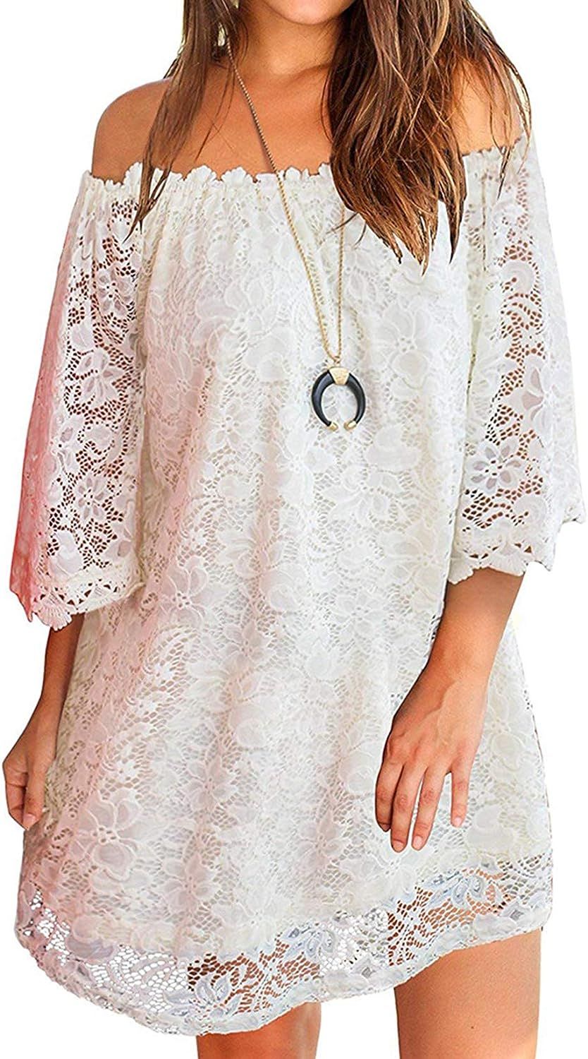 OURS Women's Casual Off Shoulder Lace Shift Loose Mini Dress with 3/4 Sleeve | Amazon (US)