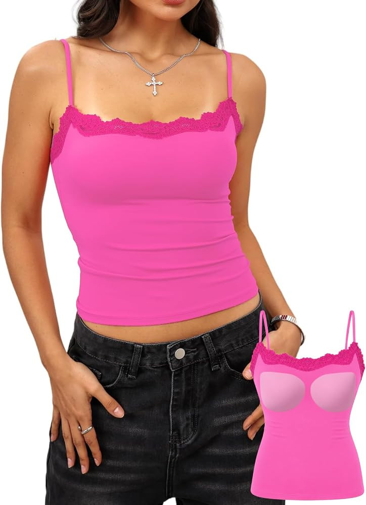 Starrylion Padded Lace Top Double Lined Crop Tank Tops Going Out Cami Shirt | Amazon (US)