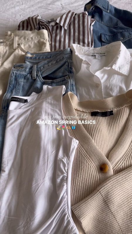 Amazon spring capsule wardrobe pieces - I wear size S in tank, oversized cardigan, and oversized denim jacket, M in button ups, and 26 in jeans. 

#LTKstyletip #LTKSeasonal #LTKVideo