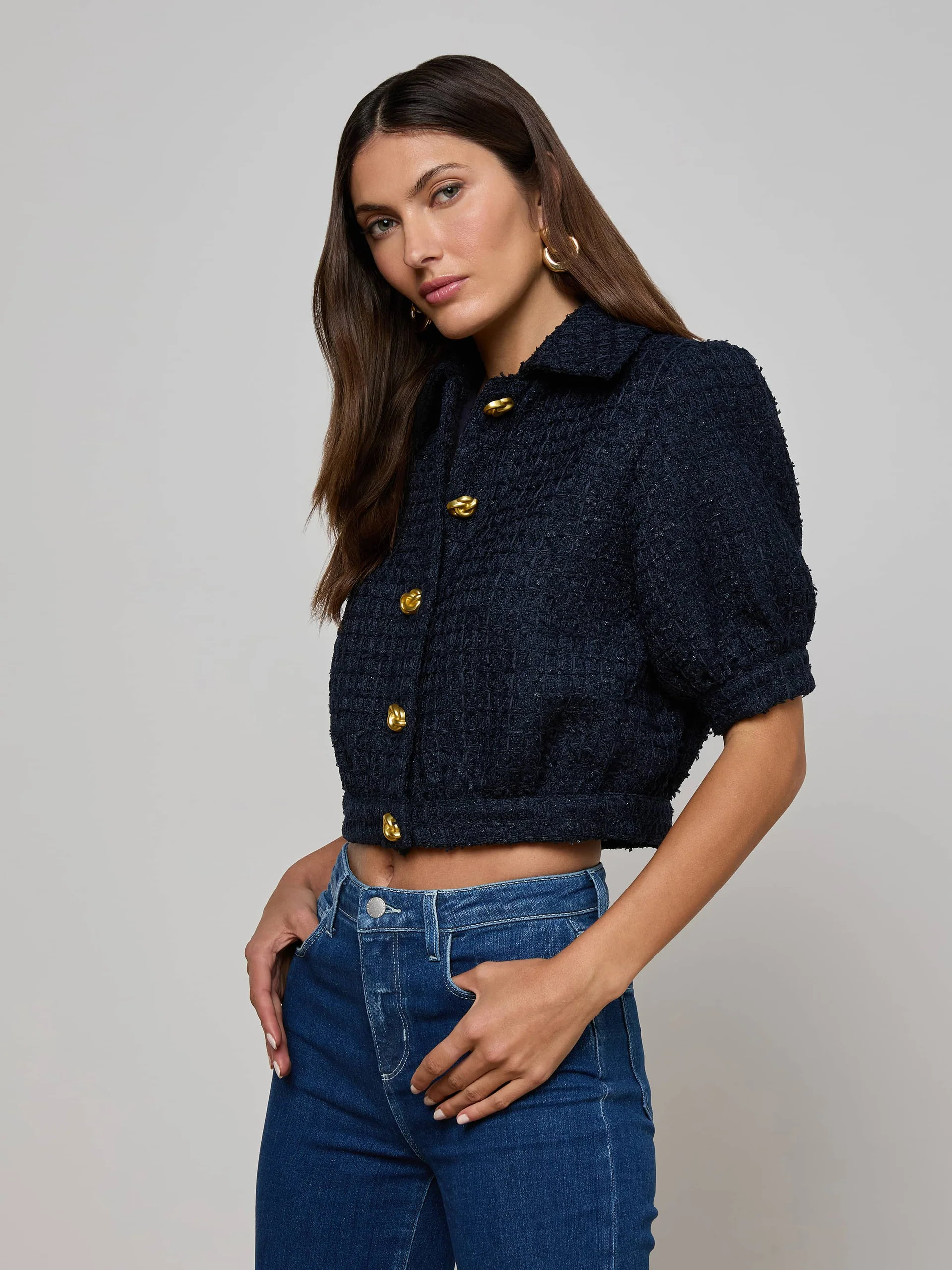 Cove Cropped Tweed Jacket in Midnight | L'AGENCE | L'Agence