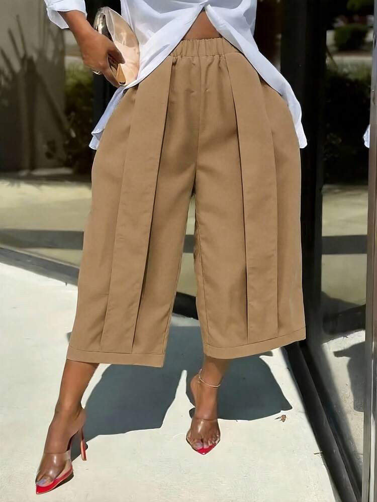 1pc Women's Fashionable Casual Solid Color Wide Leg Capri Pants, Comfortable Casual Patchwork Design, Wide Leg Pants Suit For Daily Commute & Work, Spring/Summer | SHEIN