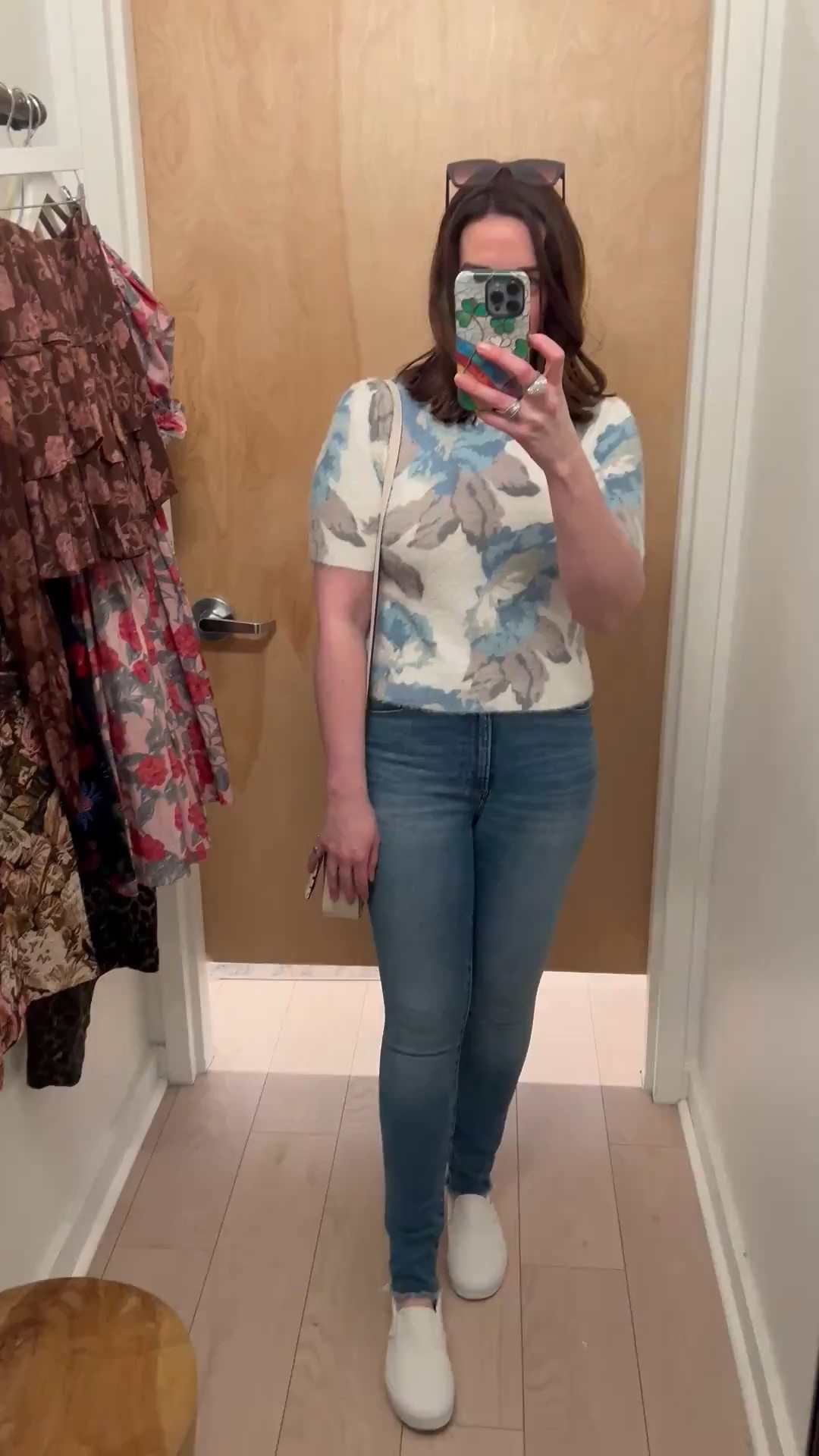 Blue floral fuzzy short sleeve sweater (xs). Dark wash mid rise skinny jeans (4). Gold and silver sneakers (8.5). #sweater #fuzzysweater #floralsweater #shortsleevesweater #skinnyjeans #midrisejeans #darkwashjeans #sneakers #goldsneakers 
spring outfits 2026 @tjmaxx  @Express  @DSW 

#LTKSeasonal #LTKootd