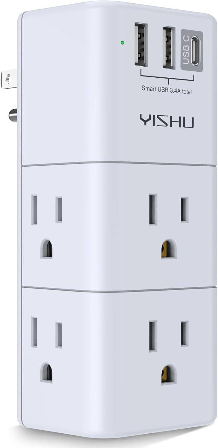 USB Multi Plug Outlet Extender - YISHU Surge Protector with Rotating Plug, 6 AC Plug Extender wit... | Amazon (US)