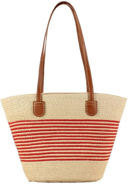 Large Bags for Women Straw Woven Beach Shoulder Tote Bag Striped Work Top-Handle Purse Summer Tot... | Amazon (US)