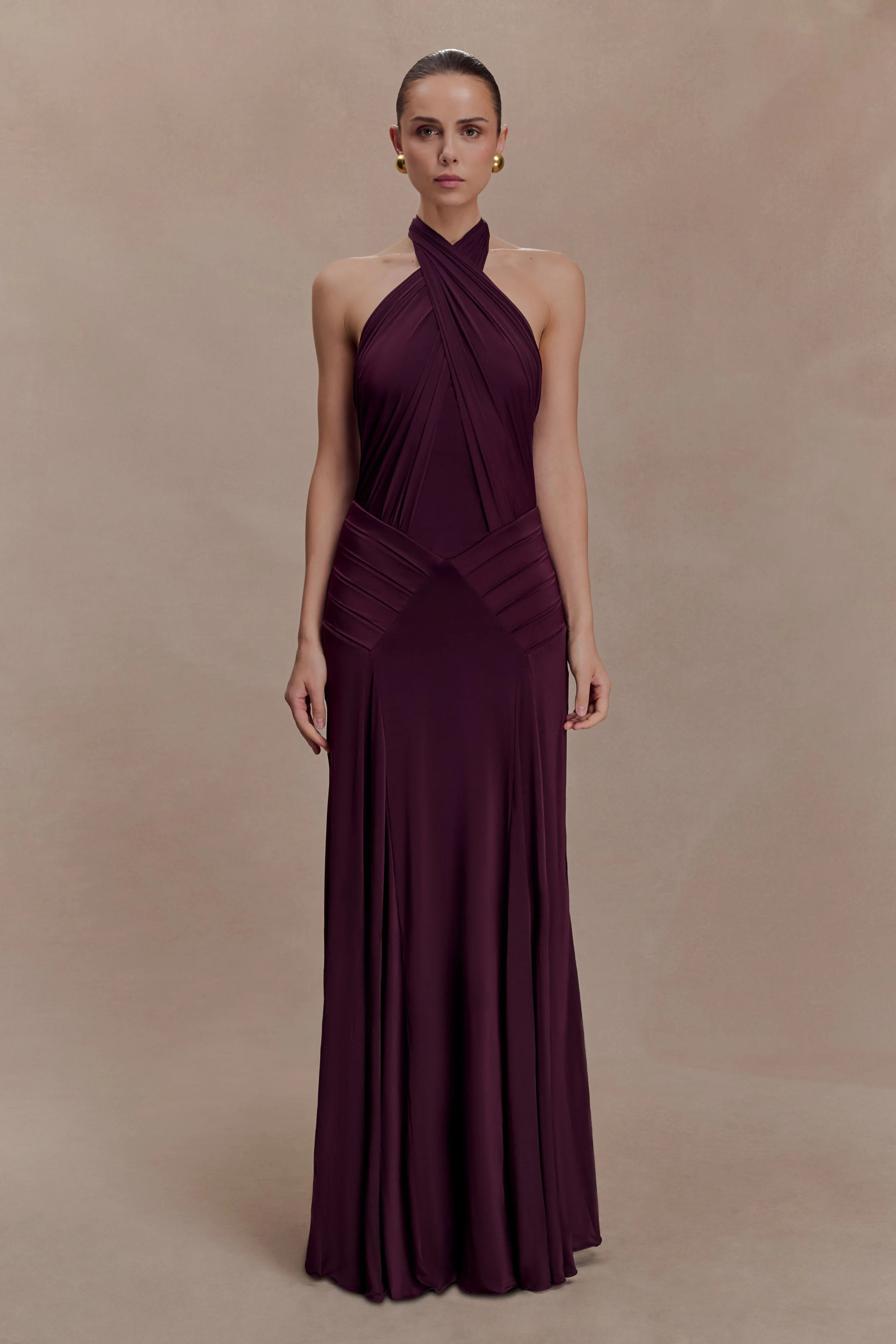 Gathered Slinky Halter Maxi Dress - Mahogany | MESHKI US