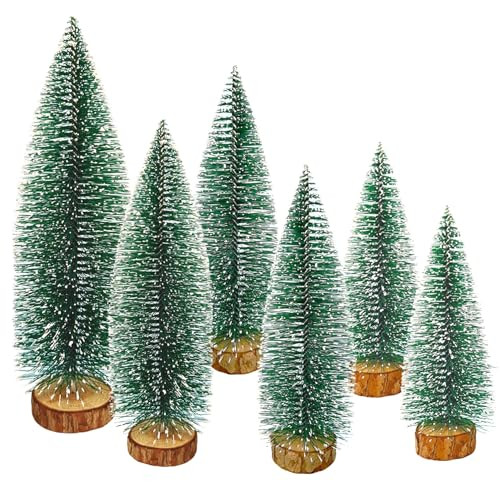 6 Pcs Mini Christmas Trees Bottle Brush Trees, Miniature Pine Christmas Tree Tabletop Mini Snow Frost Trees with Wooden Base for Christmas Holiday Decorations | Amazon (US)
