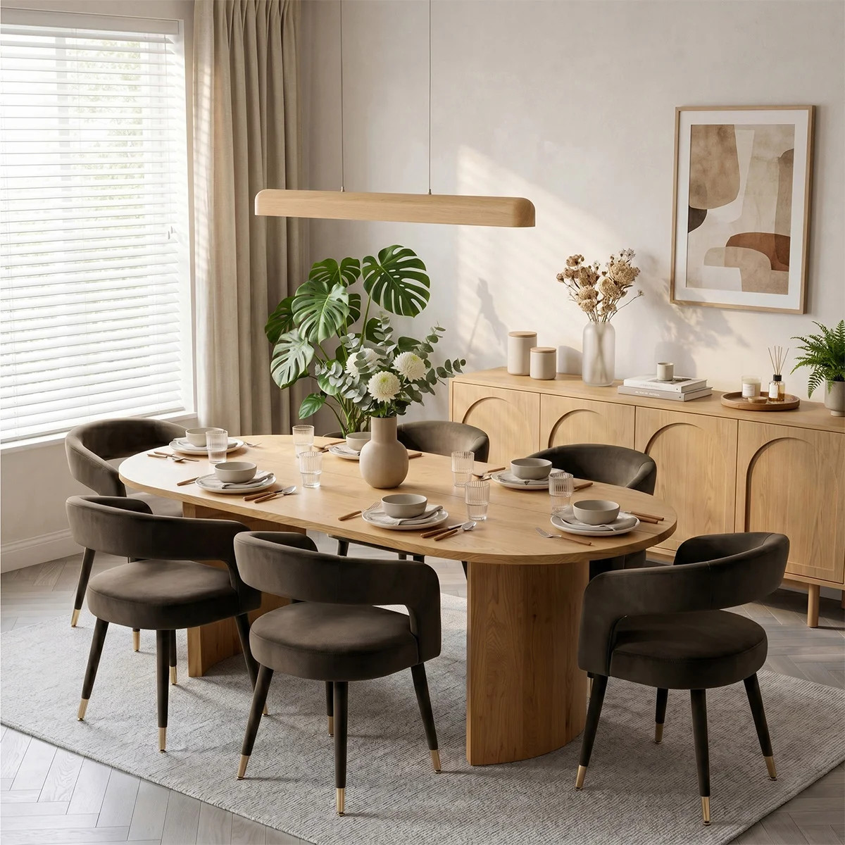 Modern 79" Oval Dining Table Set With 6 Velvet Upholstered Arm Dining Chairs | Wayfair North America