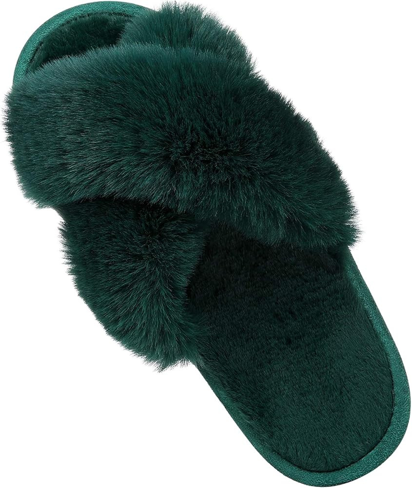 Amazon.com | Women's Soft Plush Lightweight House Slippers Fuzzy Cross Band Slip on Open Toe Cozy... | Amazon (US)