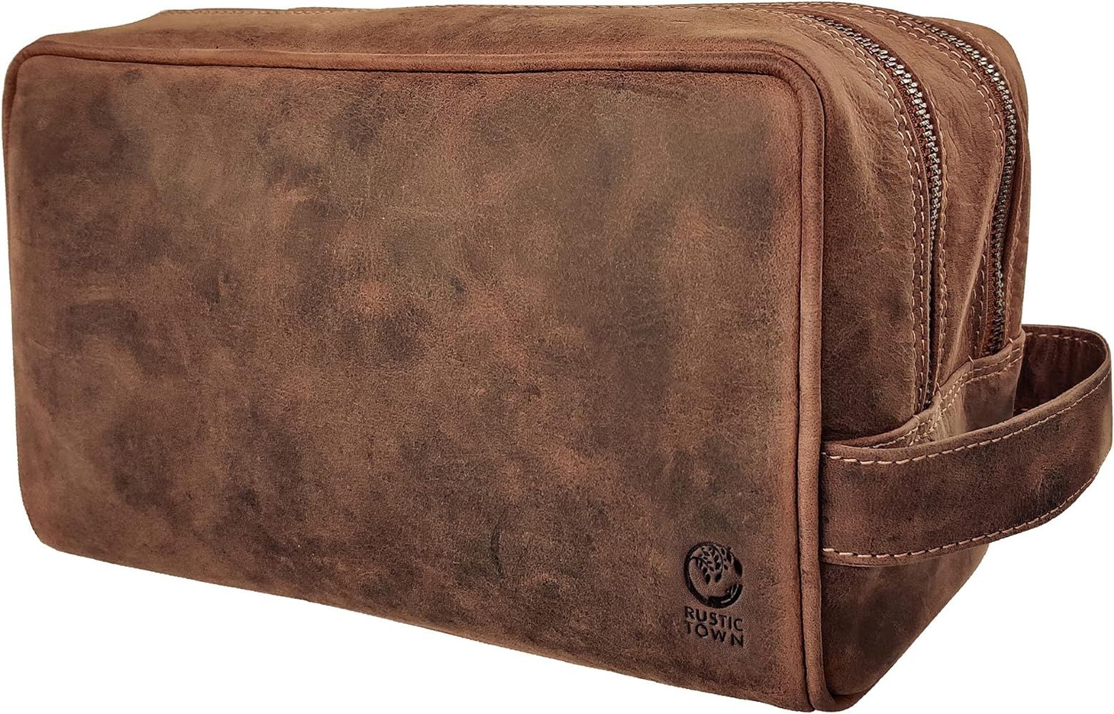 Genuine Leather Travel Toiletry Bag - Dopp Kit Organizer By Rustic Town (Brown) | Amazon (US)