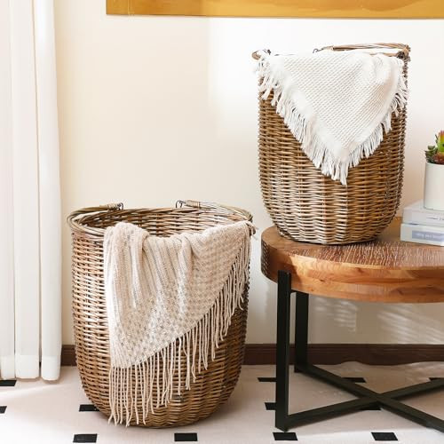 Boao Set of 2 Handwoven Rattan Storage Basket with Handles - Large Round Rattan Wicker Organization Baskets for Home Planter Decor, Living Room Blanket, Laundry Hamper | Amazon (US)