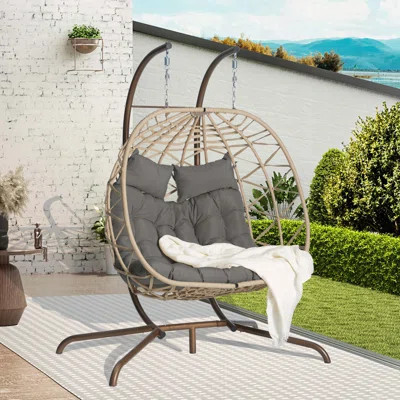 Double Hanging Egg Chair with Stand and UV-Resistant Cushions, Dark Gray | Wayfair North America