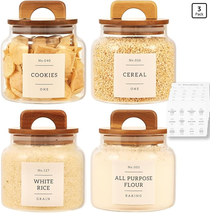 4 Pack Glass Pantry Storage Containers with 132 Pantry Labels - 37 FL OZ Kitchen Glass Canisters ... | Amazon (US)