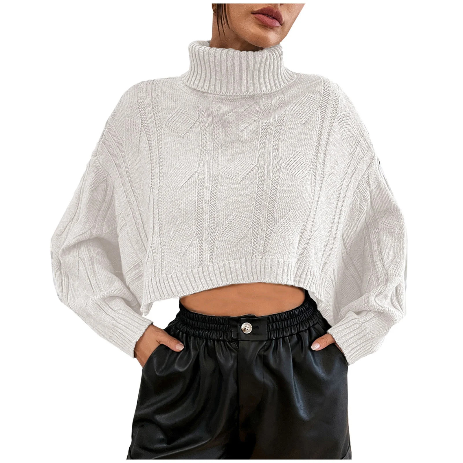 XFLWAM Women's Turtleneck Knit Sweaters Casual Long Batwing Sleeve Pullover Cropped Cute Jumper D... | Walmart (US)