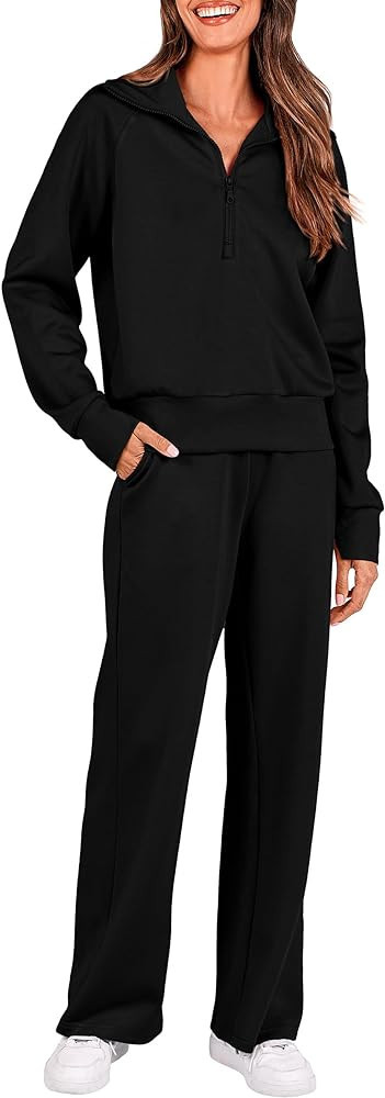 PRETTYGARDEN Women's 2 Piece Outfits Casual Lapel Half Zip Sweatshirts And Wide Leg Pants Tracksu... | Amazon (US)