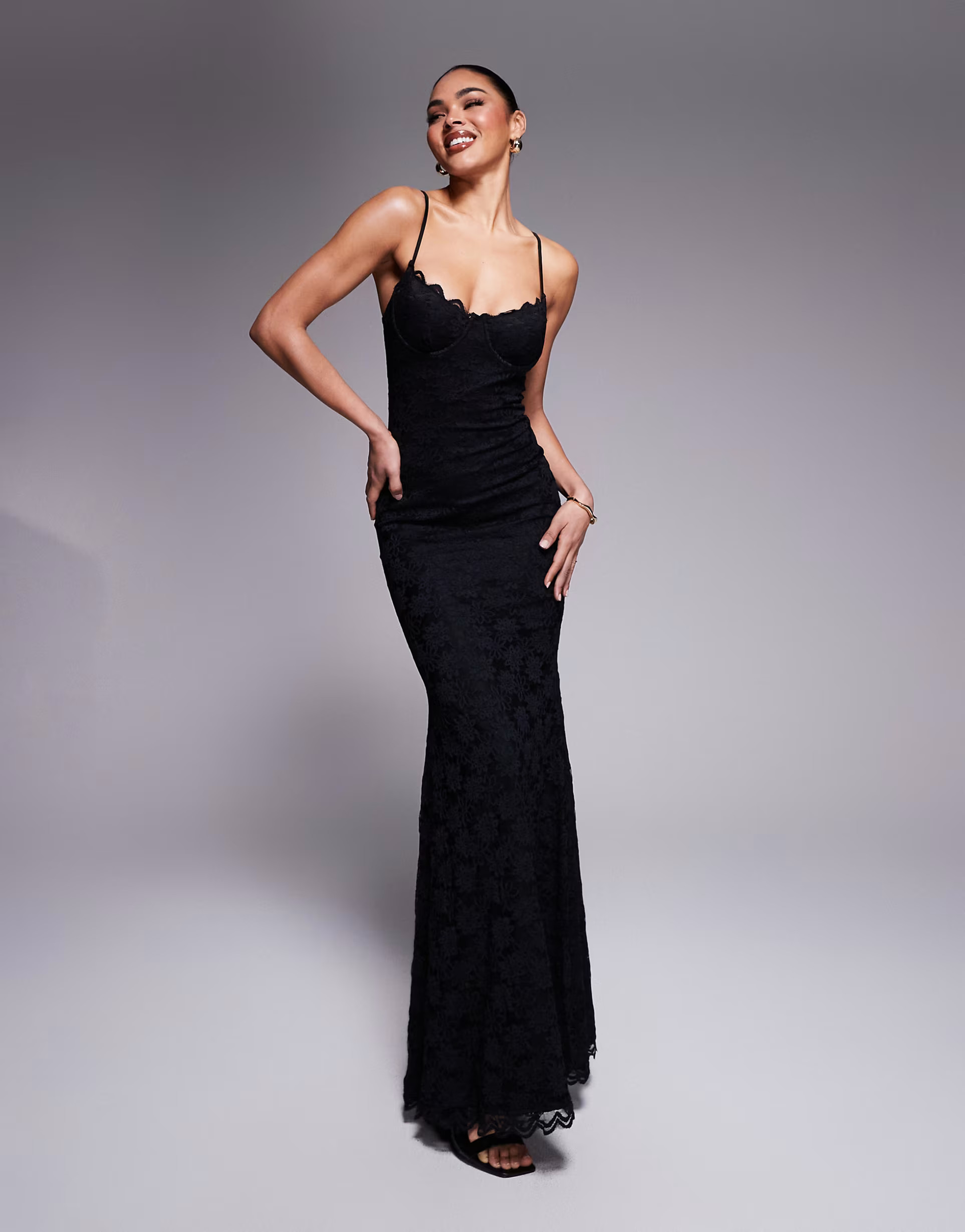 Wanderdoll Leah structured cami lace fishtail maxi dress in black | ASOS | ASOS (Global)