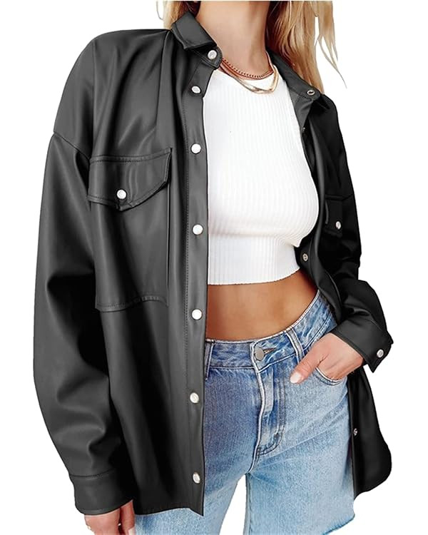 SeekMe Women's PU Leather Jacket Shacket Button Down Lapel Blazer Coat with Bust Pocket | Amazon (US)