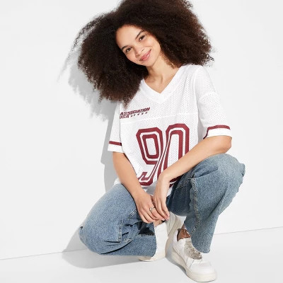 Women's Short Sleeve V-Neck Graphic Mesh Jersey Shirt - Wild Fable™ White L | Target