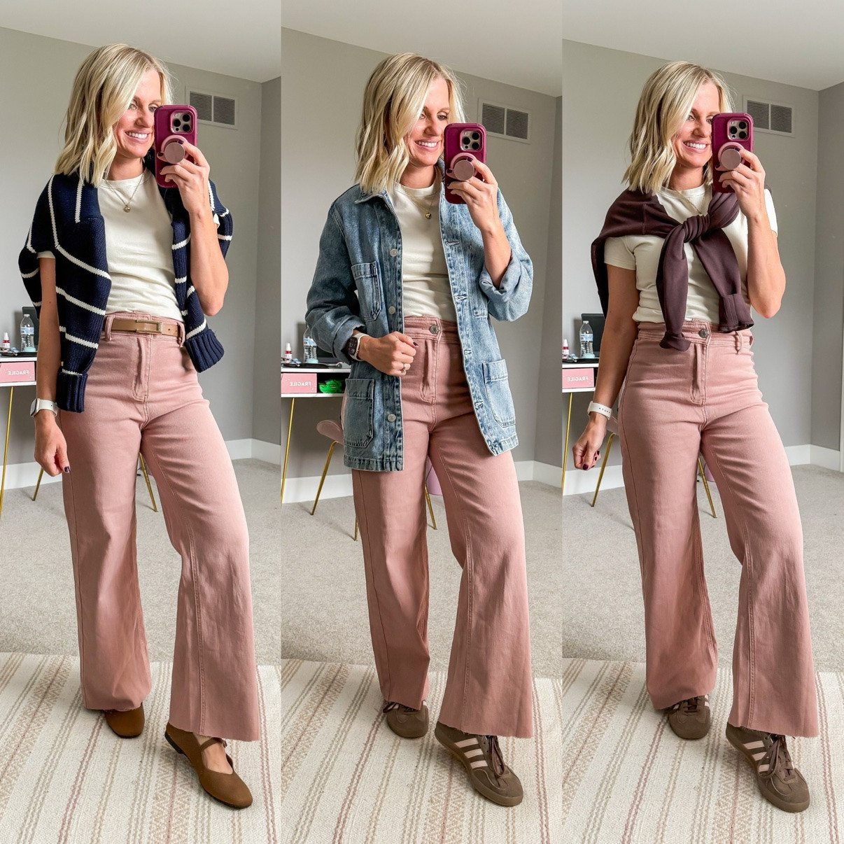 Fall Capsule 2026 🍂 Three ways I'm styling my pink corduroy wide-leg pants! This is look 4 of 8 with this piece — my 20-piece capsule mixes and matches into 120 outfits. Which one is your favorite?! Shop the pieces on my LTK! 🤎 

 #fallcapsulewardrobe #capsulewardrobe #falloutfits #fallfashion #petitestyle #affordablefashion #ltkstyle #ltkfall